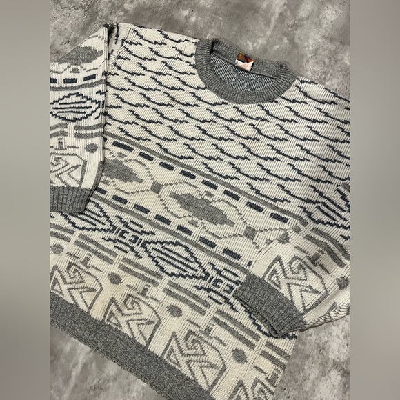 Vintage 90s Fine Line Patterned Knit Sweater Mens Large White - Picture 2 of 5